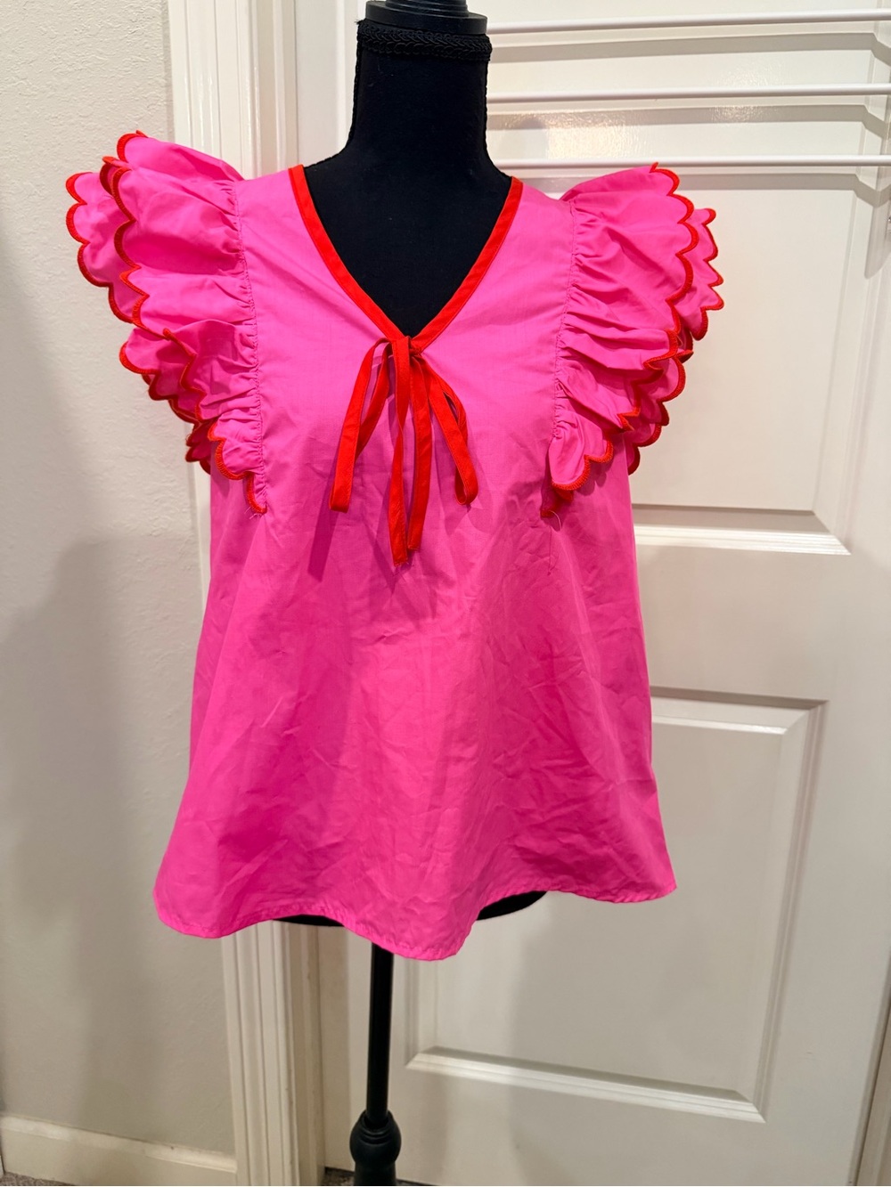 entro Hot Pink Ruffle Sleeve Tie-Neck Blouse with Red Trim